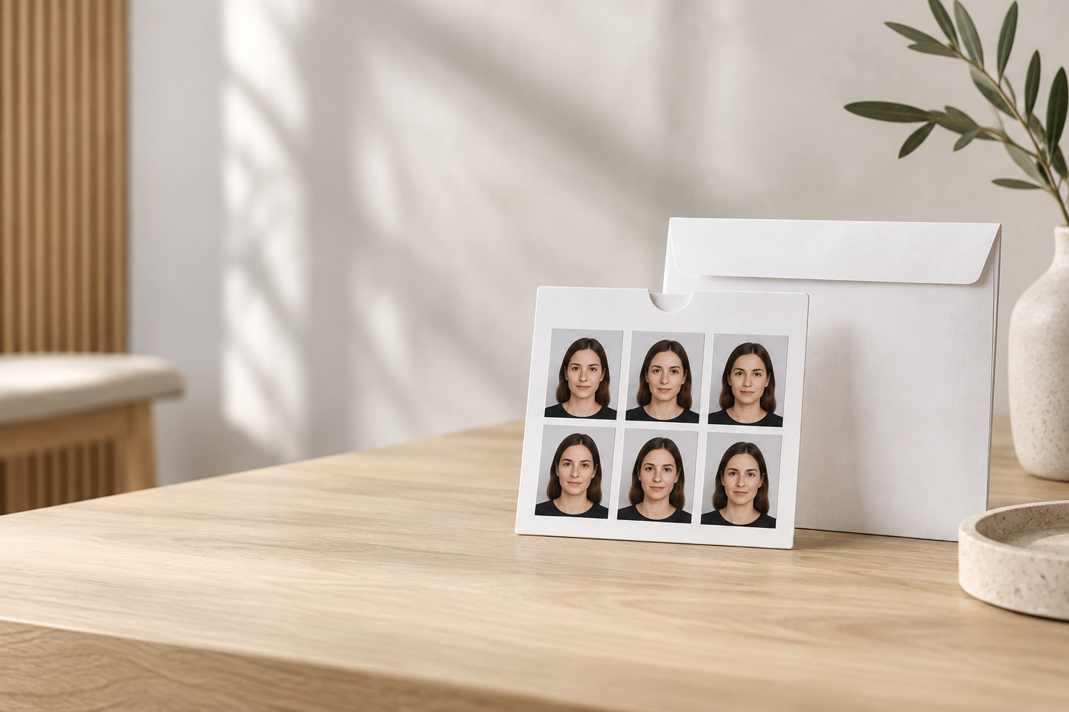 Zes professioneel afgedrukte ID-foto’s met verzendenvelop